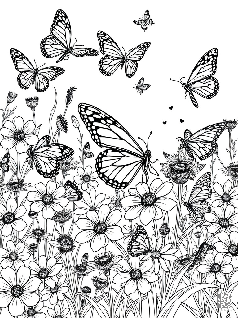 Butterfly garden with many species on flowers coloring page Manga style - free printable