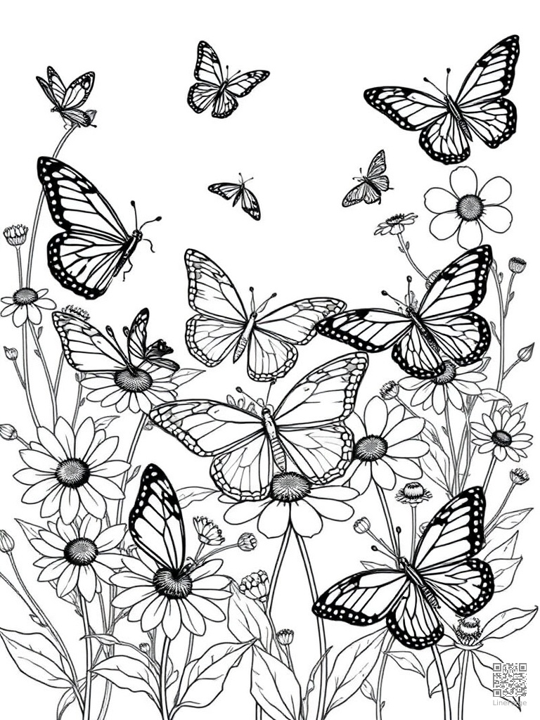 Butterfly garden with many species on flowers coloring page Minimal style - free printable