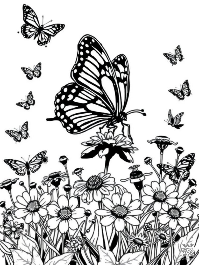 Butterfly garden with many species on flowers coloring page Woodcut style - free printable