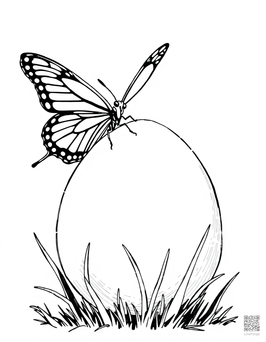 butterfly landing on an easter egg coloring page Crosshatch style - free printable
