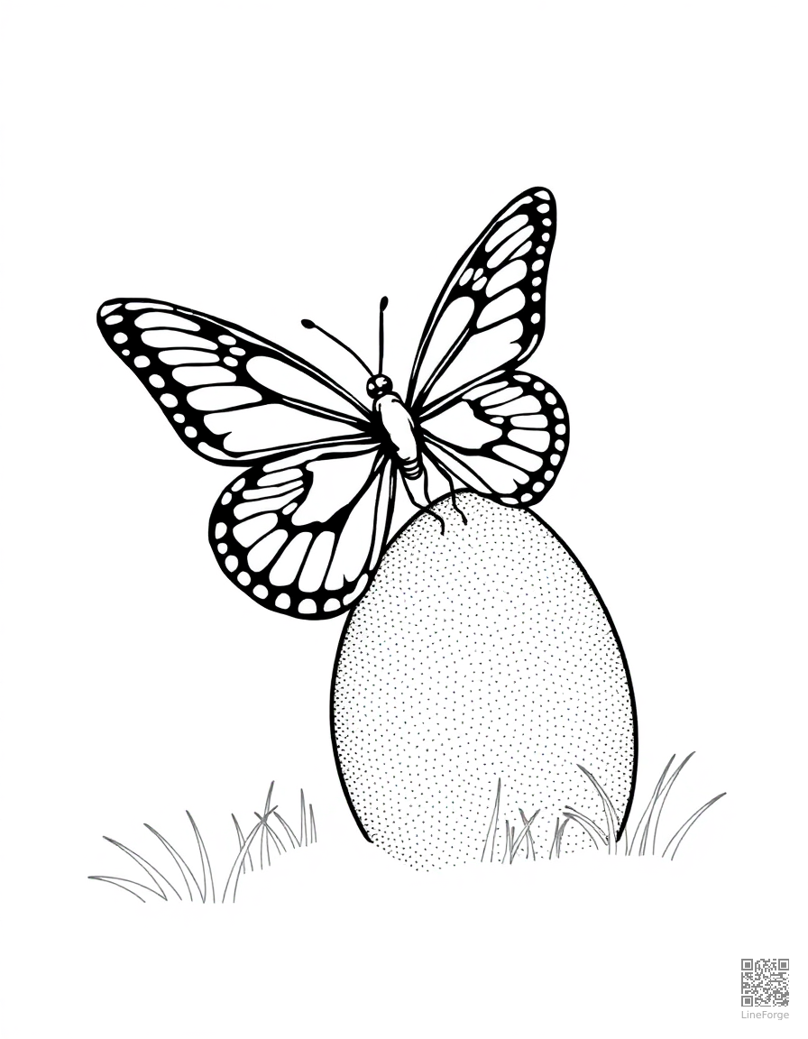butterfly landing on an easter egg coloring page Stipple style - free printable