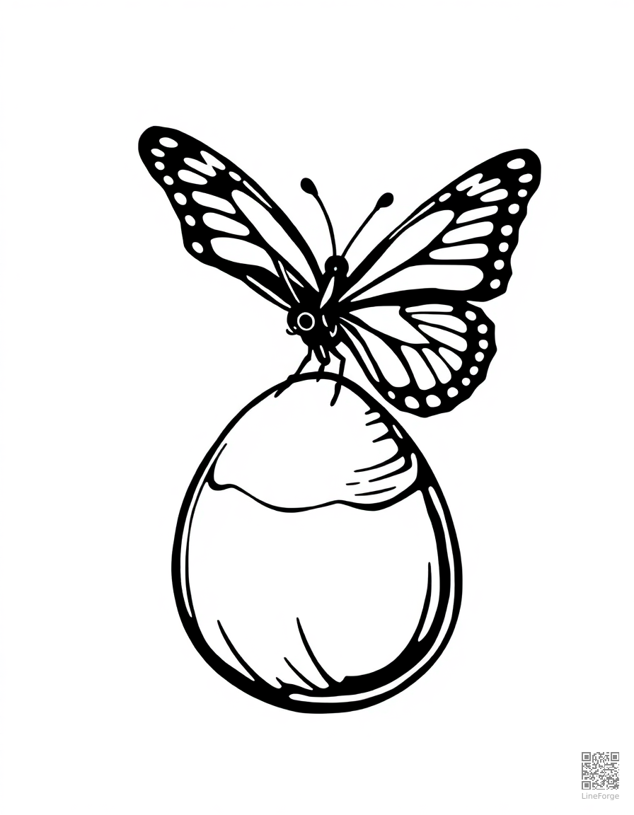 butterfly landing on an easter egg coloring page Woodcut style - free printable