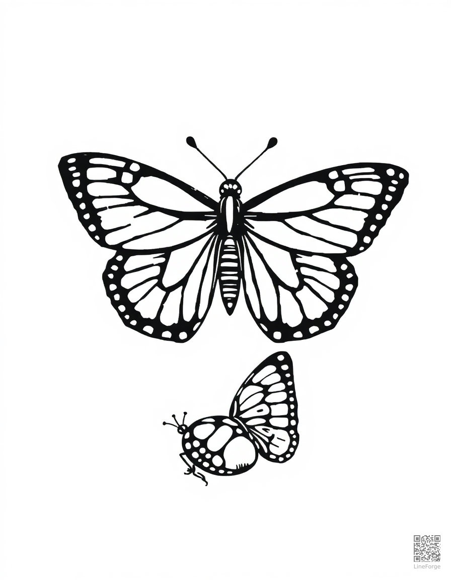 butterfly life cycle from egg to adult coloring page Woodcut style - free printable
