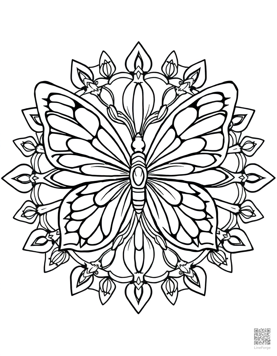 butterfly mosaic mandala pattern coloring page Contour style - free printable