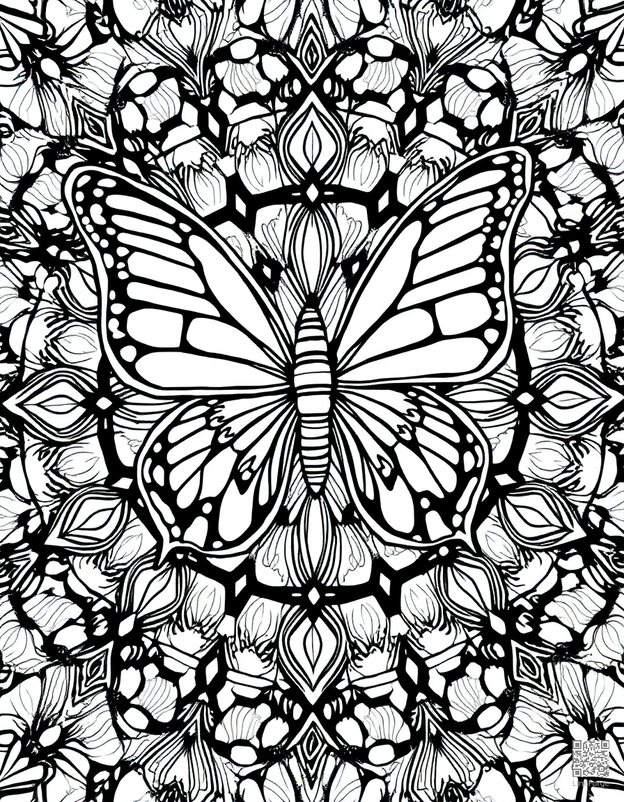 butterfly mosaic mandala pattern coloring page Crosshatch style - free printable