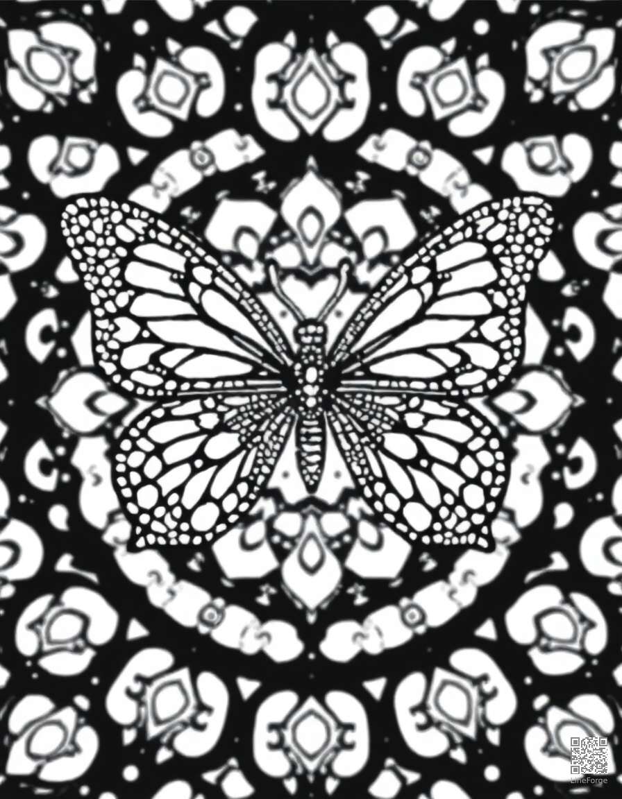 butterfly mosaic mandala pattern coloring page Stipple style - free printable