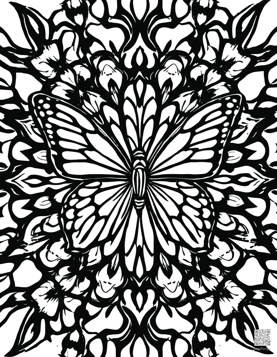butterfly mosaic mandala pattern coloring page Woodcut style - free printable