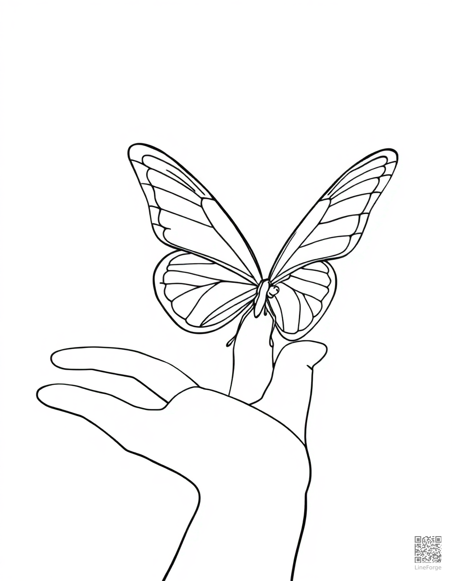 butterfly on a child hand coloring page Contour style - free printable