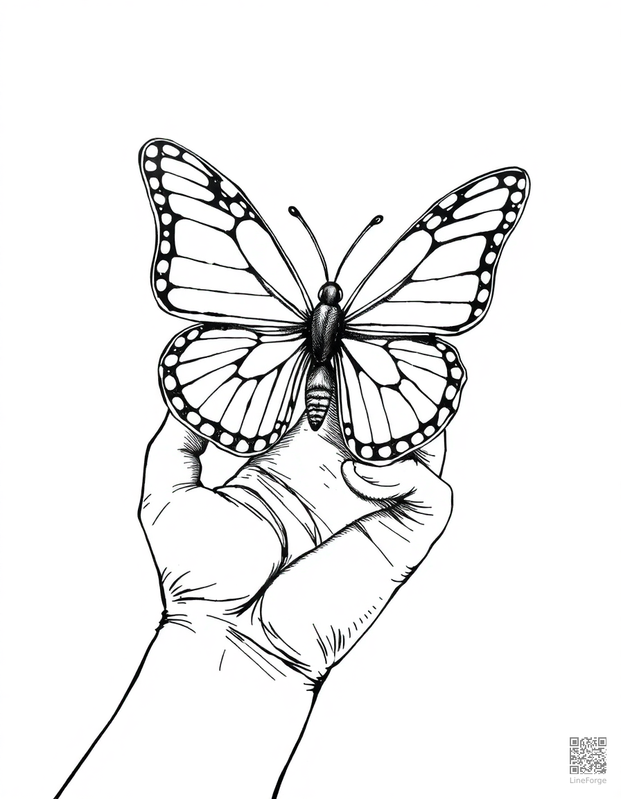 butterfly on a child hand coloring page Crosshatch style - free printable