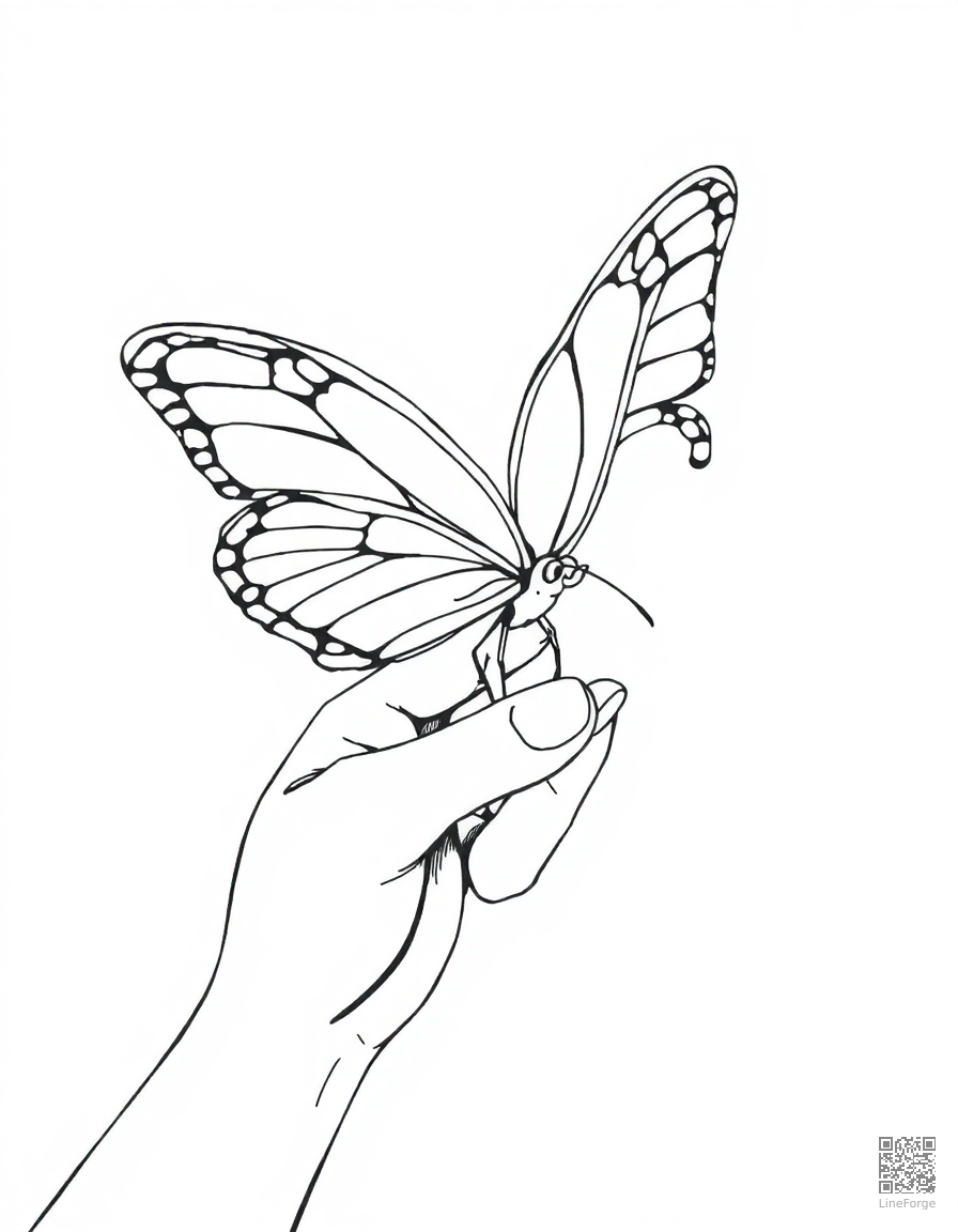 butterfly on a child hand coloring page Manga style - free printable