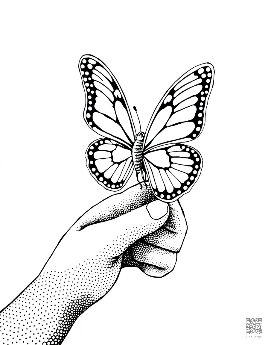butterfly on a child hand coloring page Stipple style - free printable