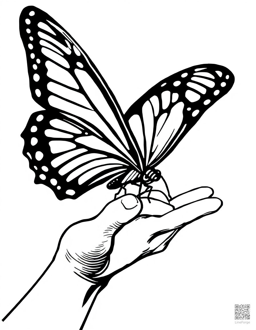 butterfly on a child hand coloring page Woodcut style - free printable
