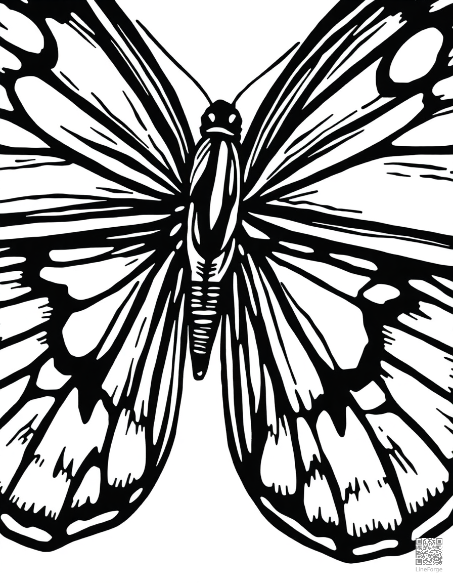 butterfly wings close-up with detailed patterns coloring page Woodcut style - free printable