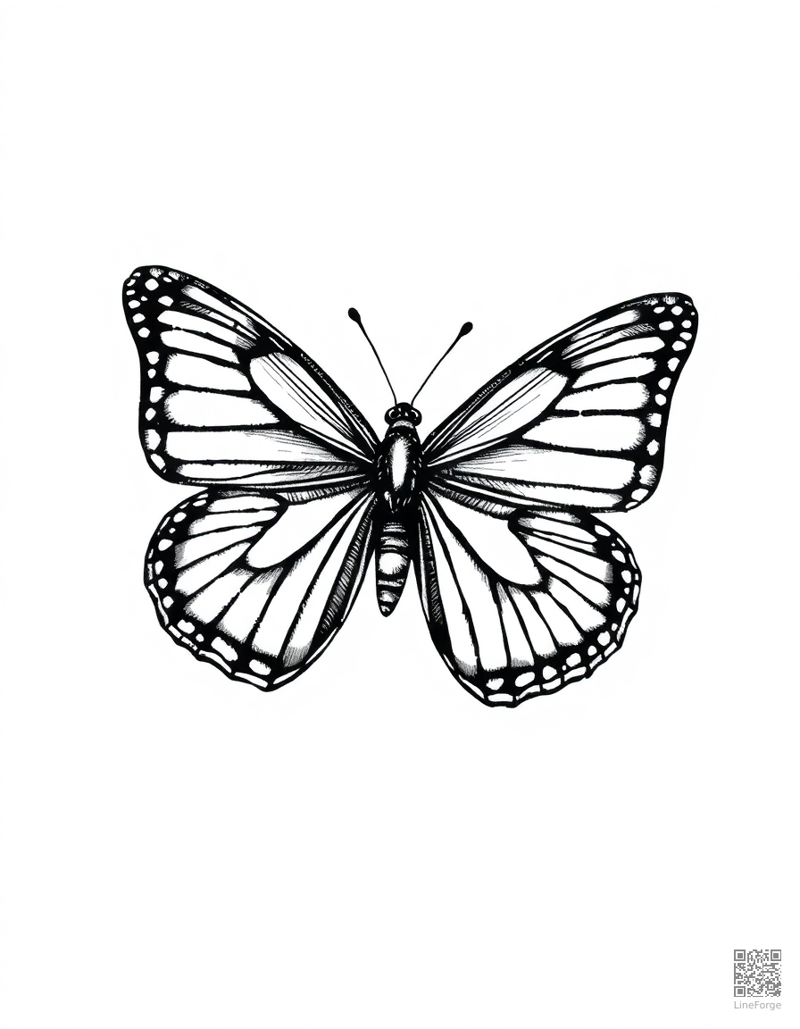 Butterfly with intricate wing patterns coloring page Crosshatch style - free printable