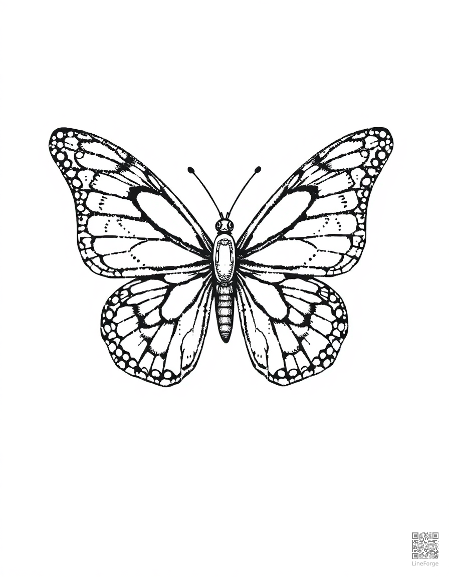 Butterfly with intricate wing patterns coloring page Stipple style - free printable