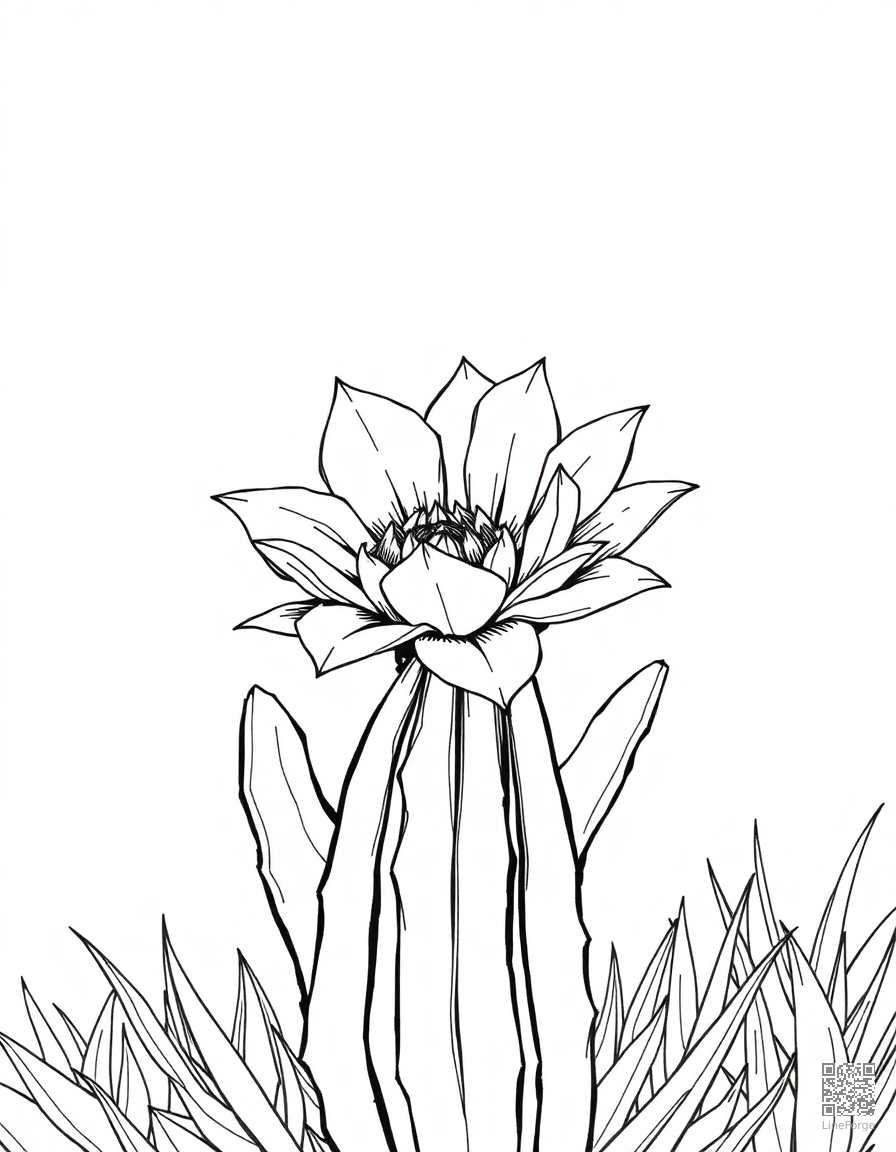 cactus flower blooming in the desert coloring page Crosshatch style - free printable