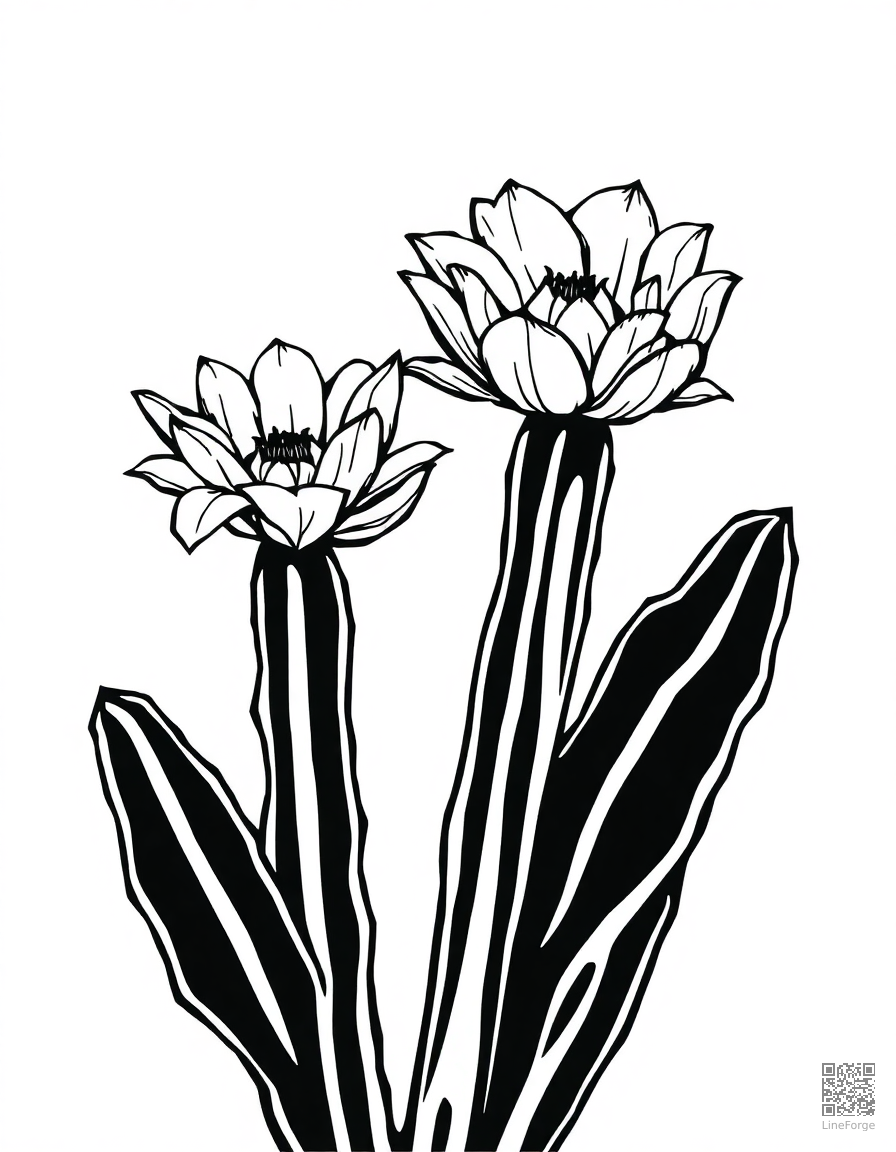 cactus flower blooming in the desert coloring page Woodcut style - free printable