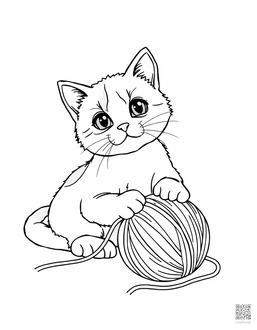 calico cat playing with a ball of yarn coloring page Contour style - free printable