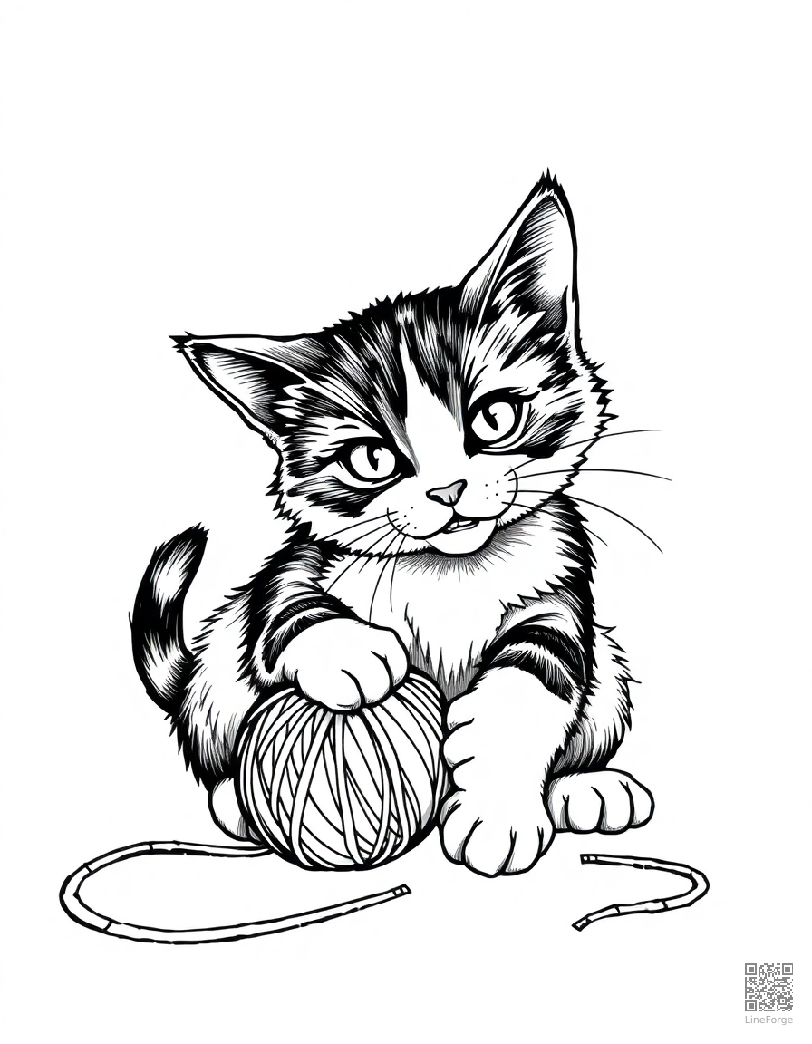 calico cat playing with a ball of yarn coloring page Crosshatch style - free printable