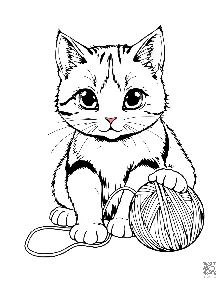 calico cat playing with a ball of yarn coloring page Manga style - free printable