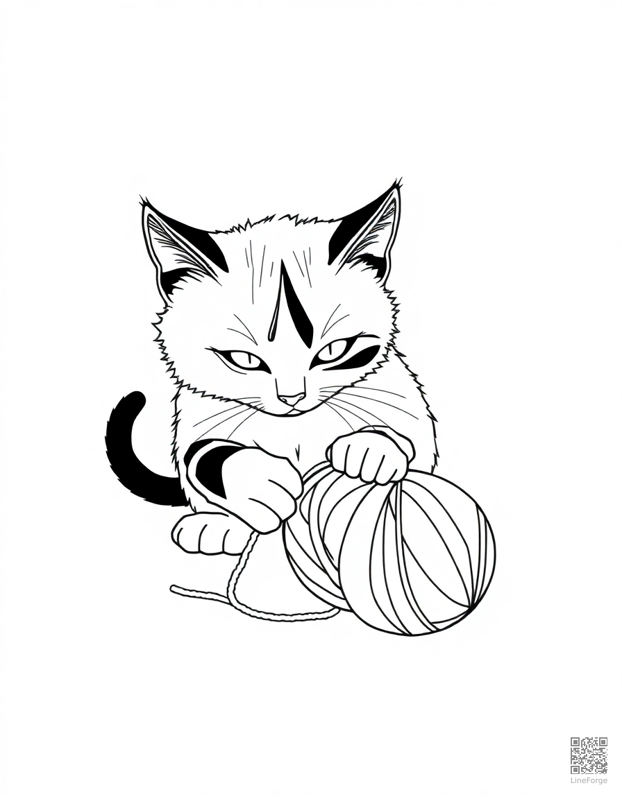 calico cat playing with a ball of yarn coloring page Minimal style - free printable