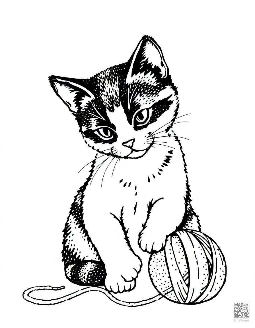 calico cat playing with a ball of yarn coloring page Stipple style - free printable