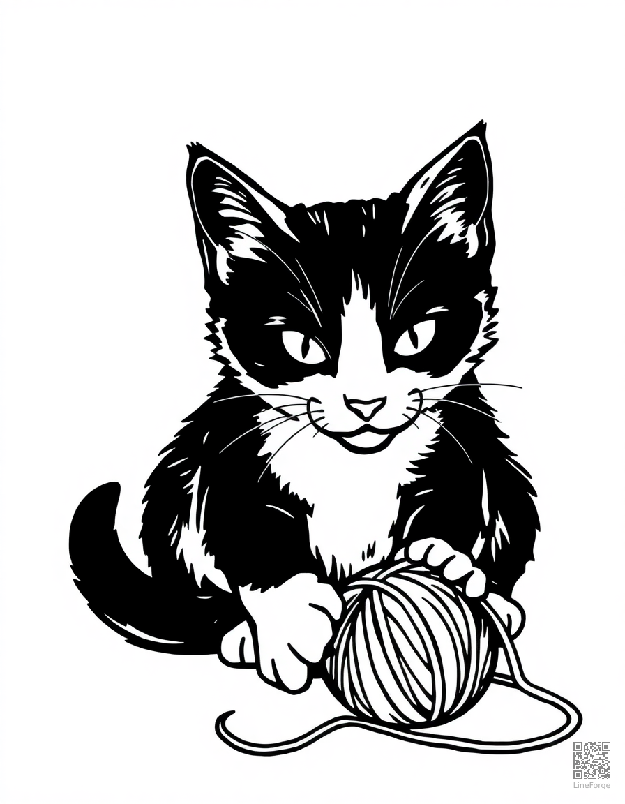 calico cat playing with a ball of yarn coloring page Woodcut style - free printable
