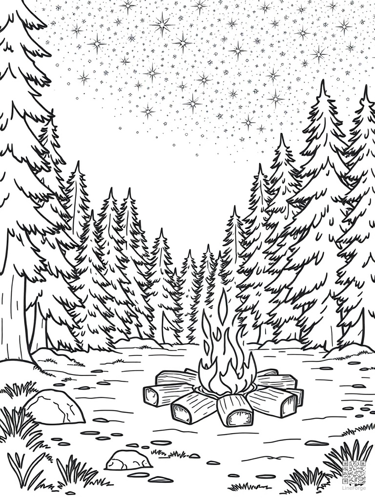 Campfire in a forest clearing under starry sky coloring page Contour style - free printable