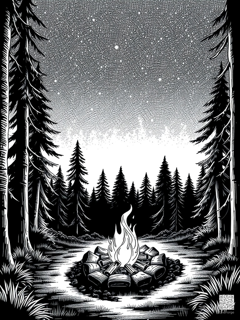 Campfire in a forest clearing under starry sky coloring page Crosshatch style - free printable