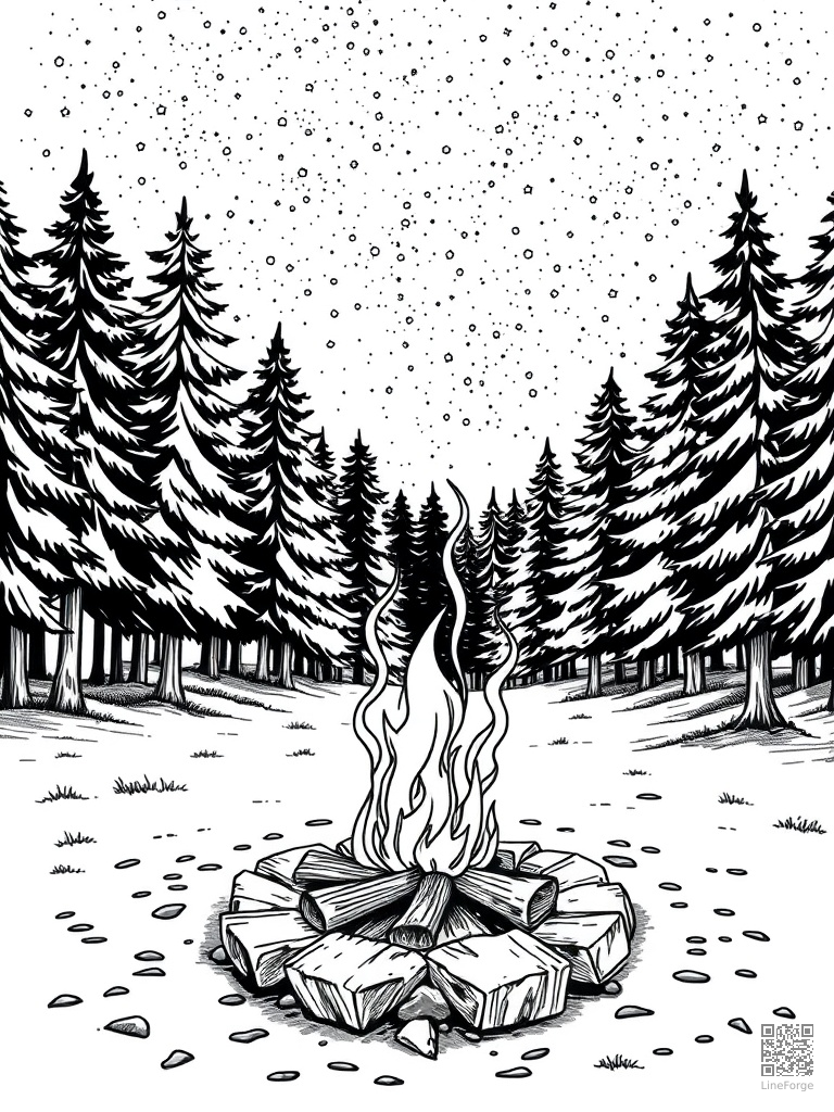 Campfire in a forest clearing under starry sky coloring page Manga style - free printable