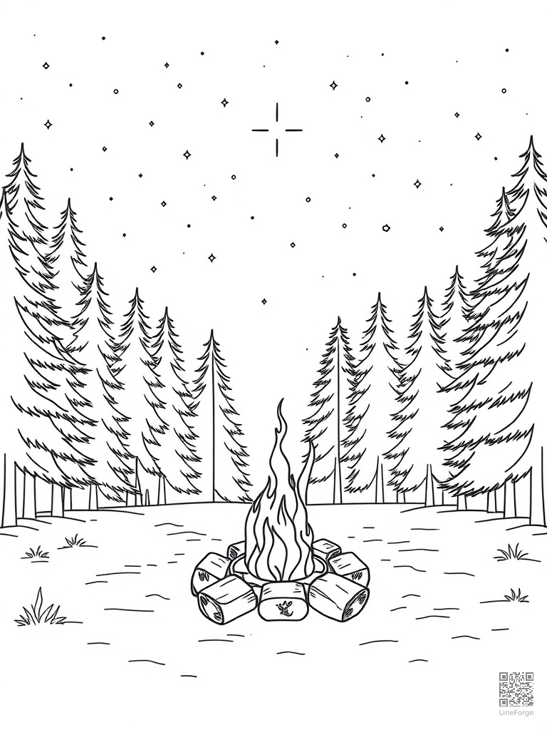 Campfire in a forest clearing under starry sky coloring page Minimal style - free printable