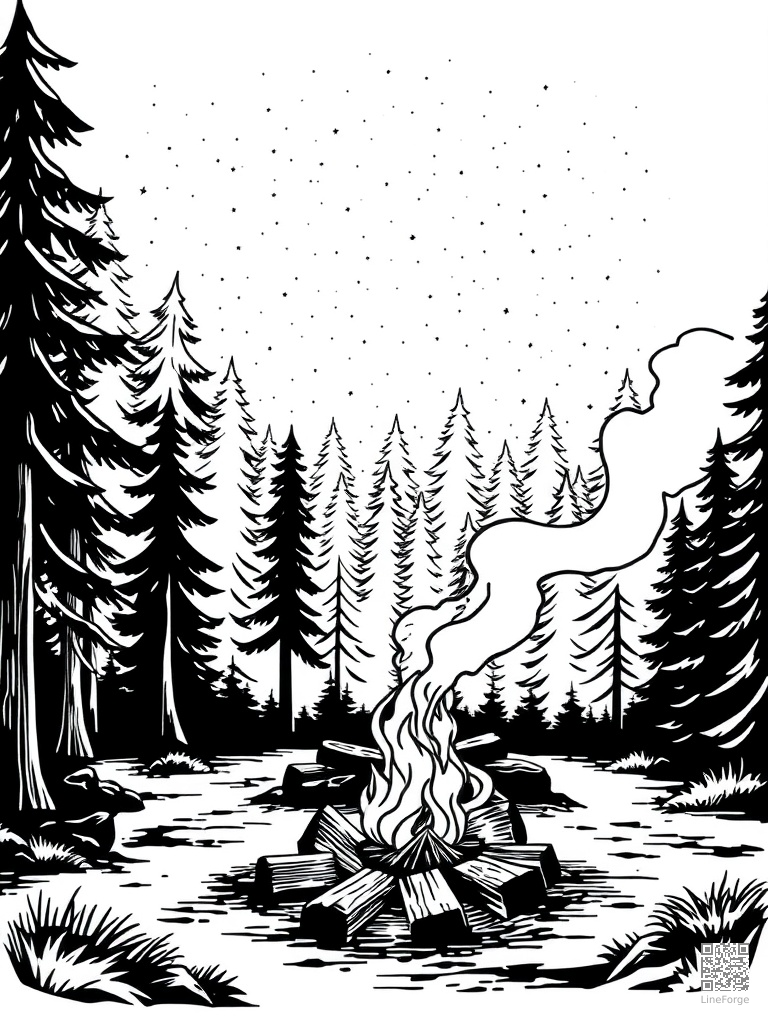 Campfire in a forest clearing under starry sky coloring page Woodcut style - free printable