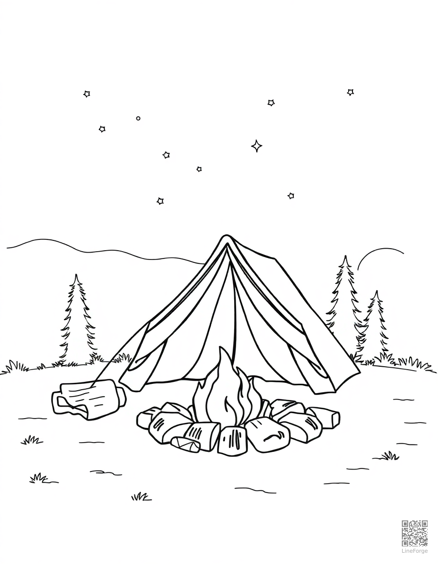 Campfire scene with tent and stars coloring page Contour style - free printable