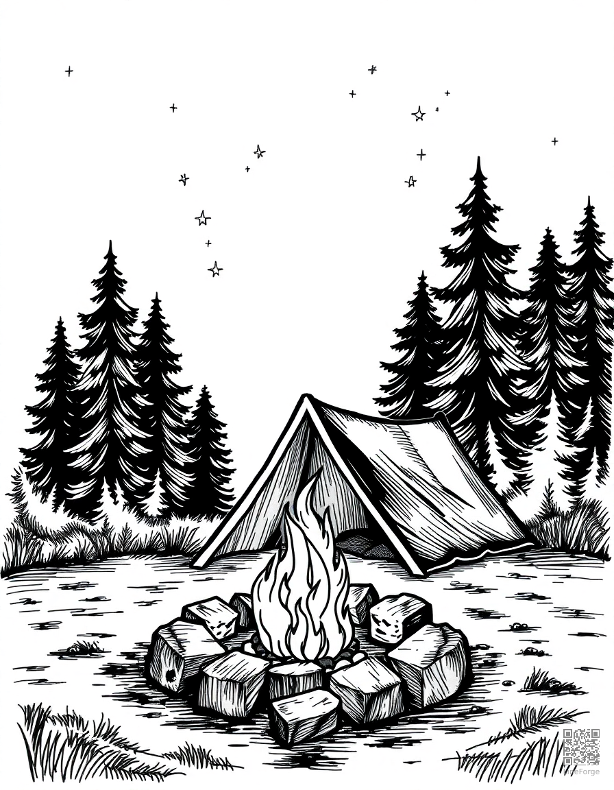 Campfire scene with tent and stars coloring page Crosshatch style - free printable