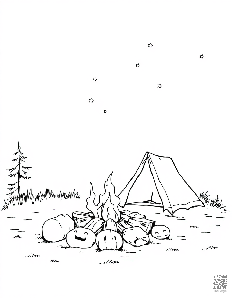 Campfire scene with tent and stars coloring page Manga style - free printable