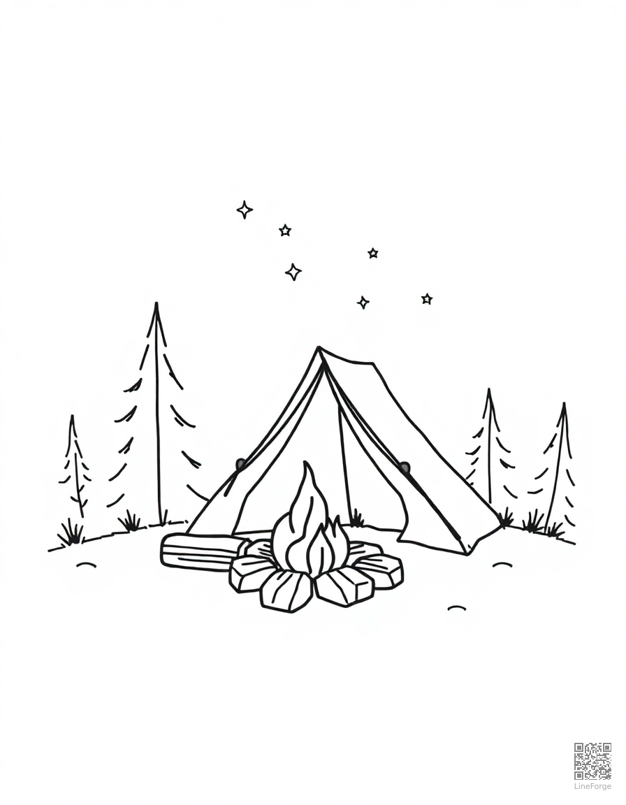 Campfire scene with tent and stars coloring page Minimal style - free printable