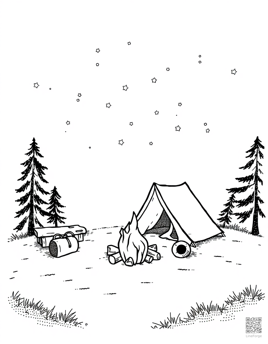 Campfire scene with tent and stars coloring page Stipple style - free printable