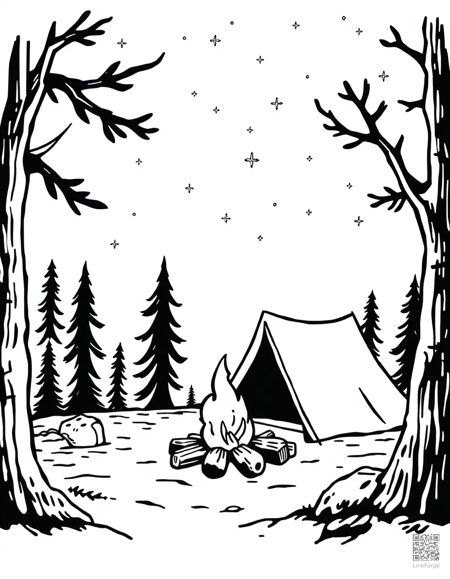 Campfire scene with tent and stars coloring page Woodcut style - free printable