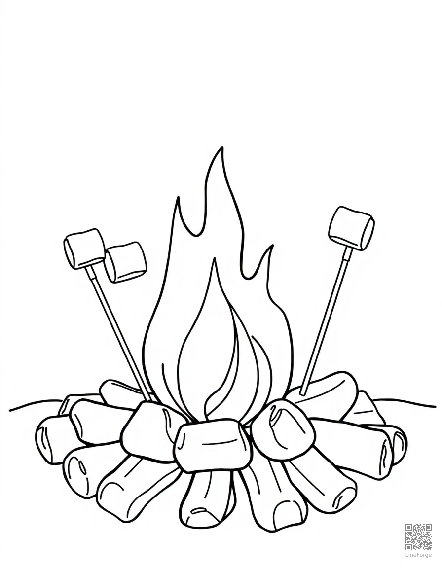 campfire with marshmallows on sticks coloring page Contour style - free printable