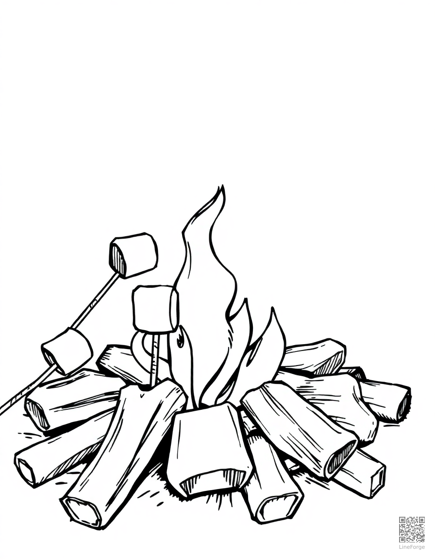 campfire with marshmallows on sticks coloring page Crosshatch style - free printable