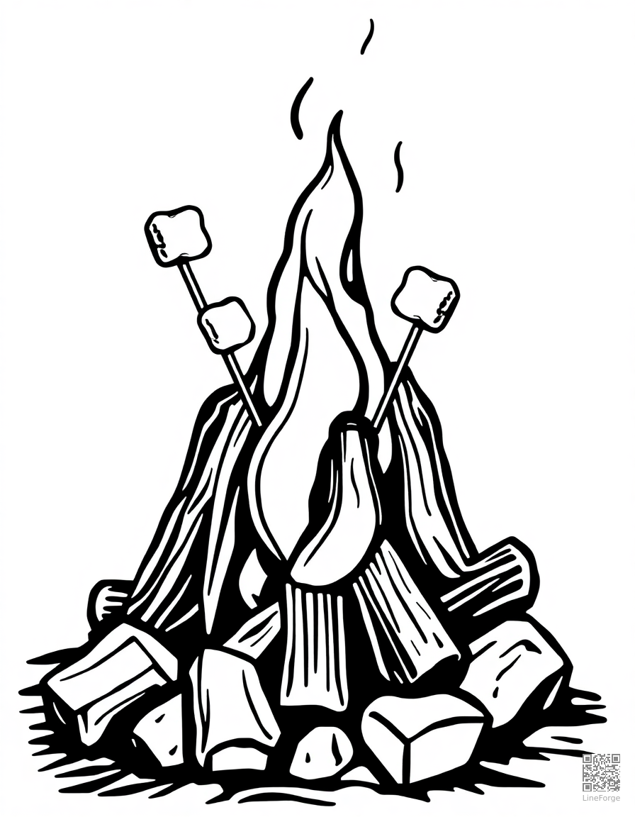 campfire with marshmallows on sticks coloring page Woodcut style - free printable
