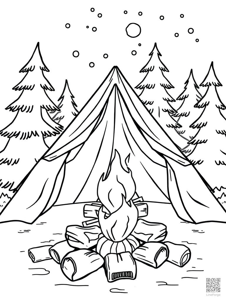 Camping with tent campfire and marshmallow roasting coloring page Contour style - free printable