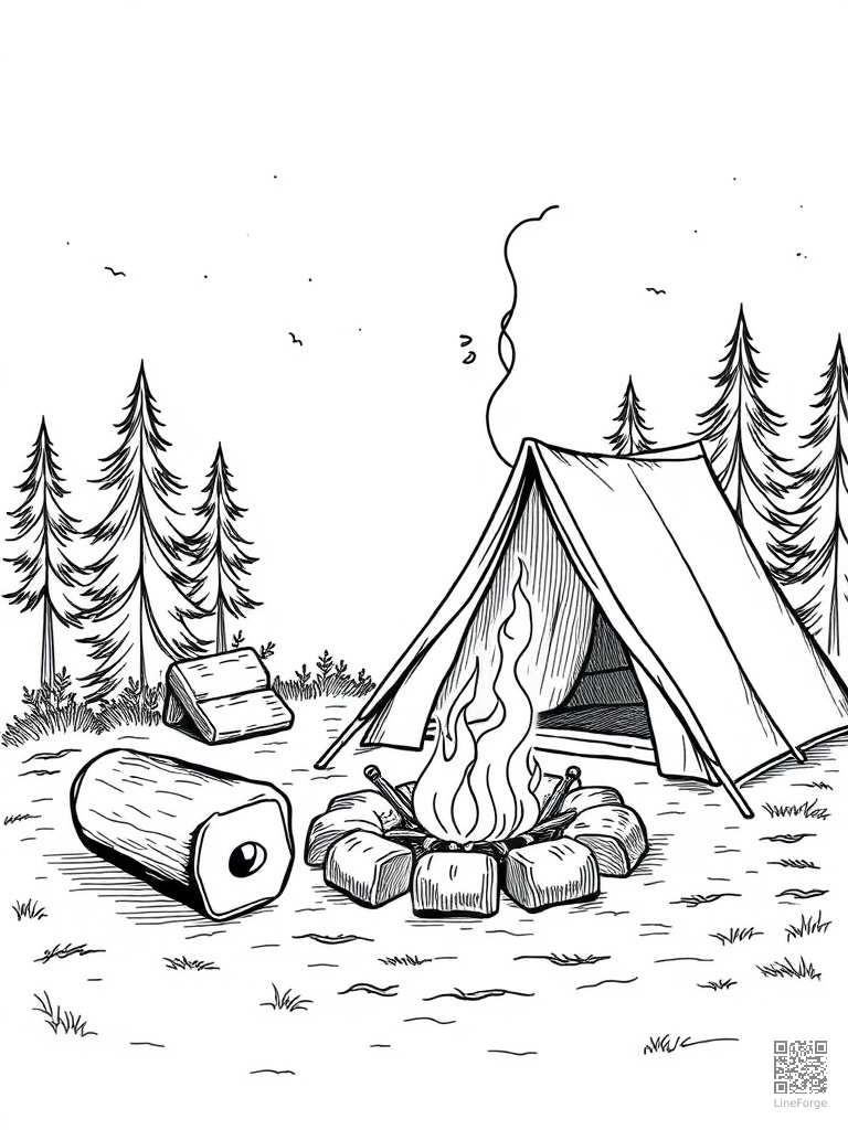 Camping with tent campfire and marshmallow roasting coloring page Crosshatch style - free printable