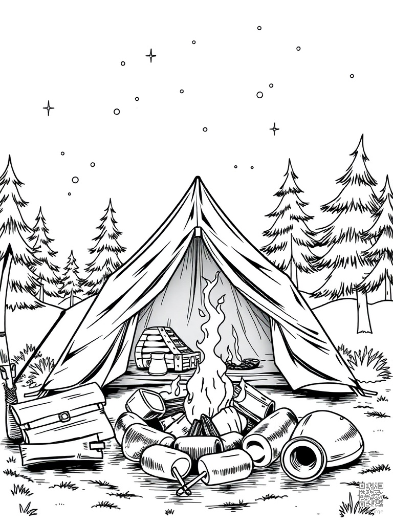 Camping with tent campfire and marshmallow roasting coloring page Manga style - free printable