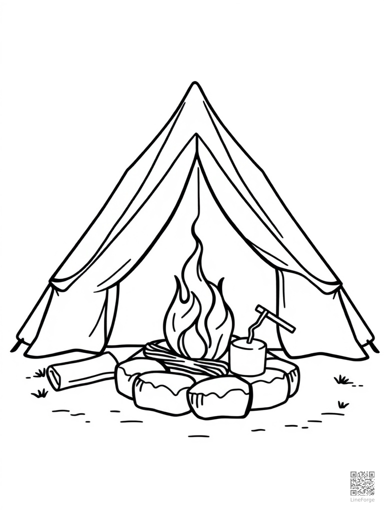 Camping with tent campfire and marshmallow roasting coloring page Minimal style - free printable
