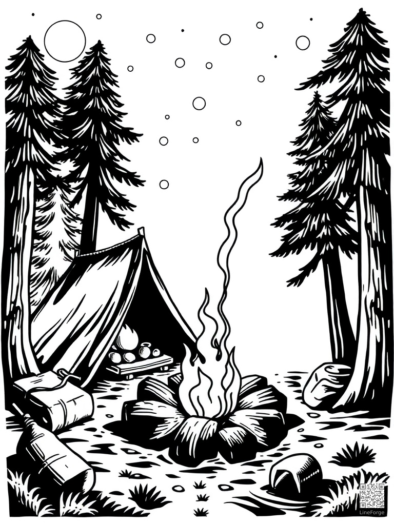 Camping with tent campfire and marshmallow roasting coloring page Woodcut style - free printable