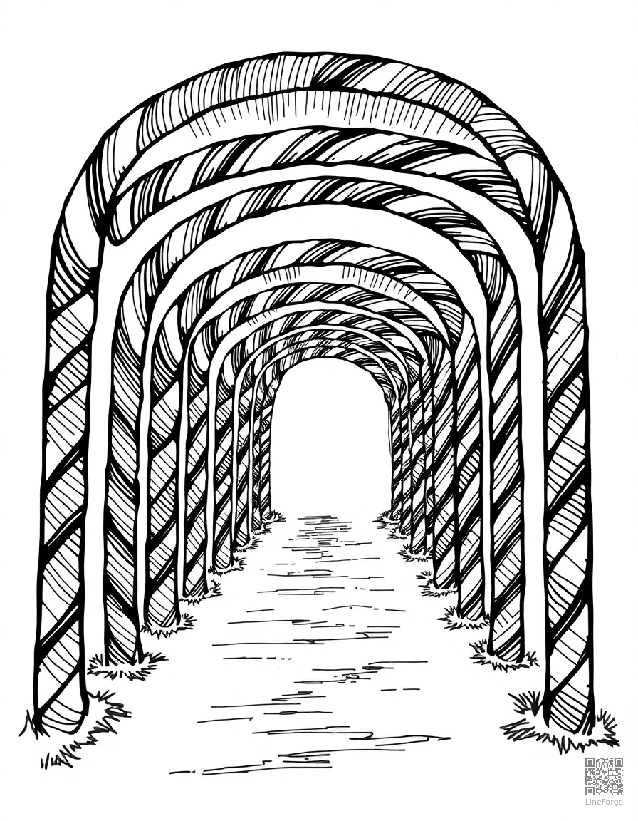 candy cane arch over a pathway coloring page Crosshatch style - free printable