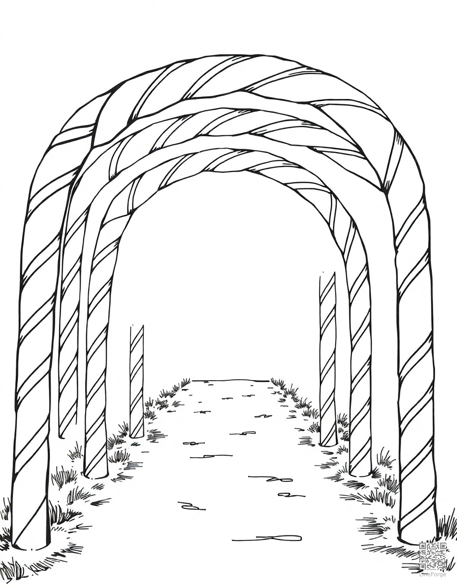 candy cane arch over a pathway coloring page Manga style - free printable