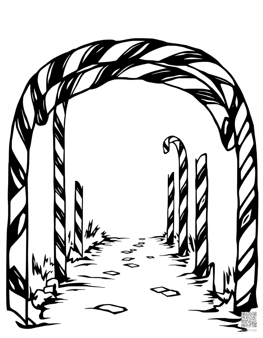 candy cane arch over a pathway coloring page Woodcut style - free printable