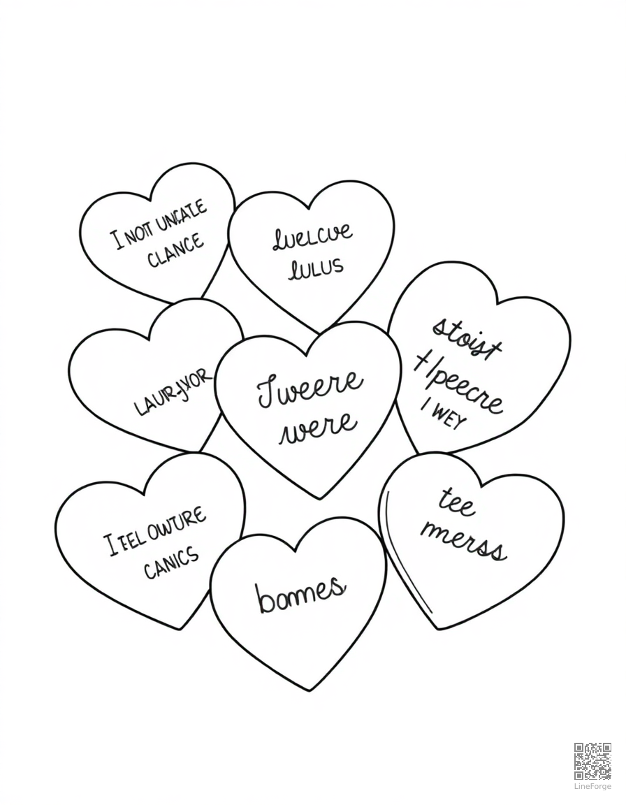 candy hearts with sweet messages coloring page Contour style - free printable